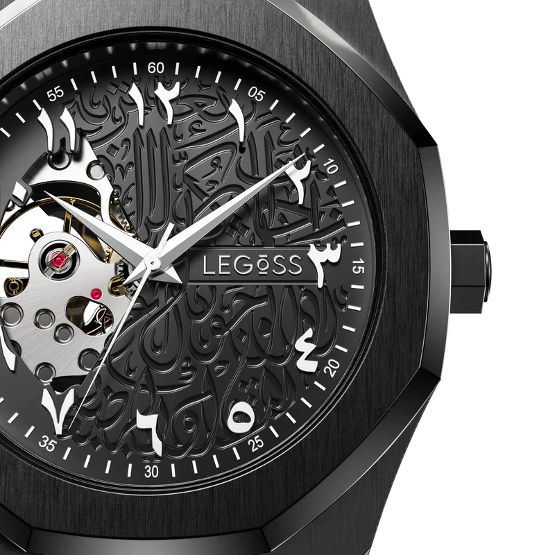 Arabic dial watch close-up showing Arabic numerals and detailed craftsmanship