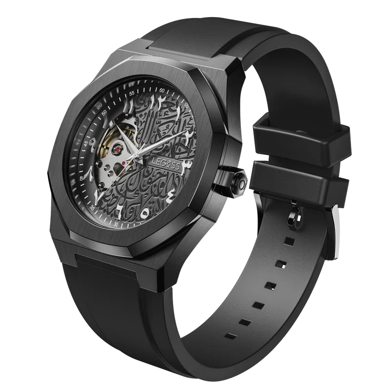 Black Arabic dial automatic men’s watch with skeleton design and silicone strap