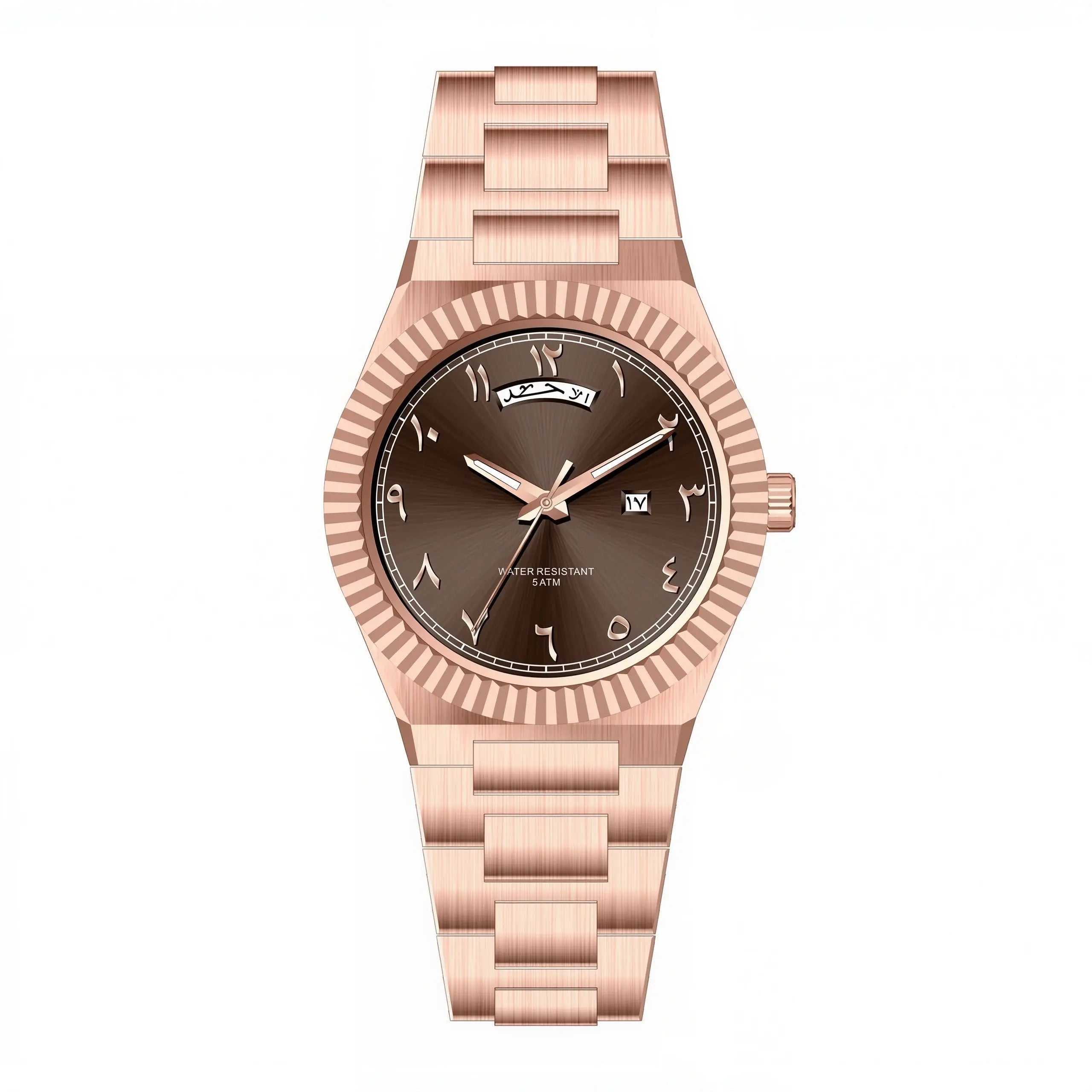 NAZAR Rose Gold – Men’s premium steel watch featuring a chocolate brown Arabic numeral dial, day-date window, and fluted bezel.