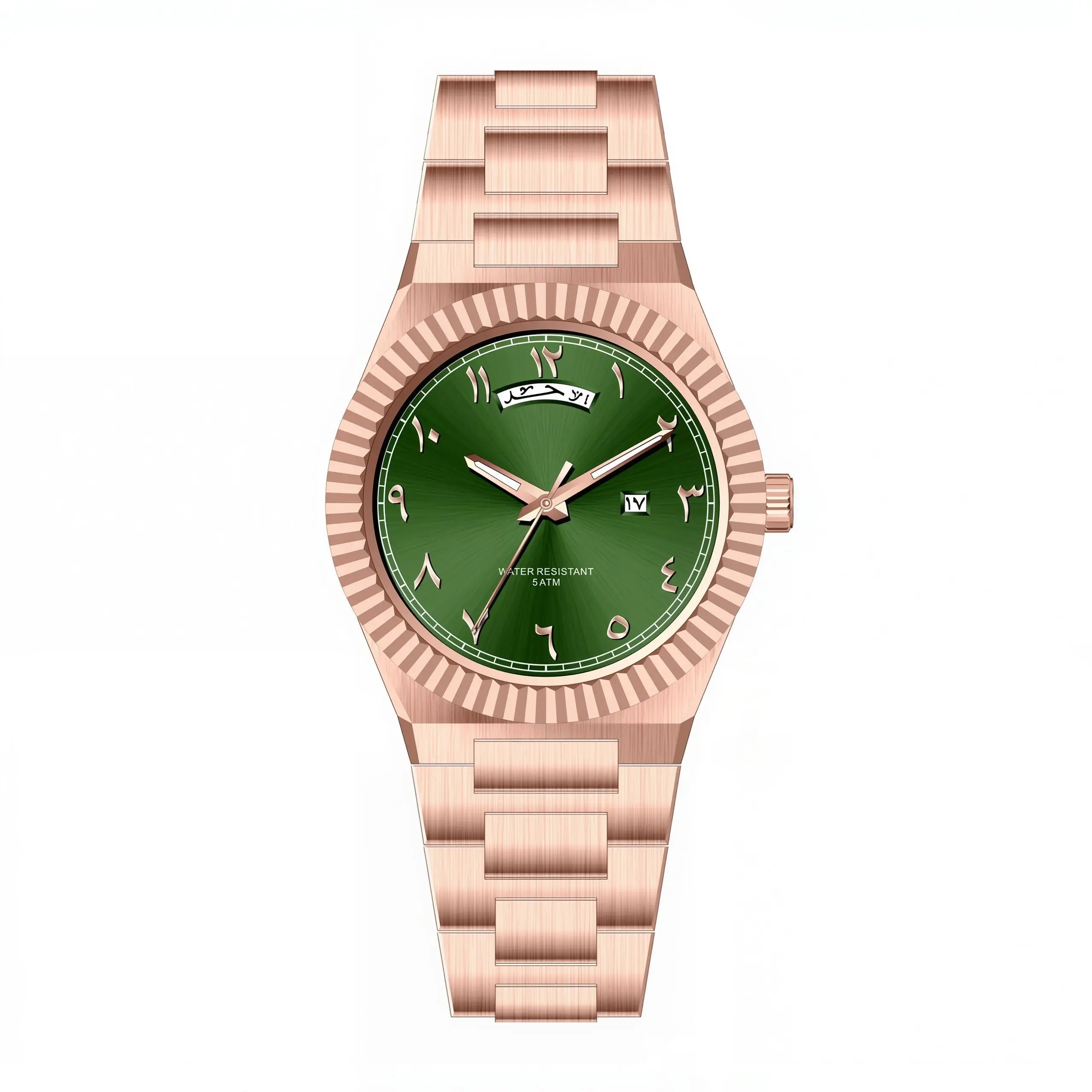 NAZAR Rose Gold – Men’s premium steel watch featuring a green Arabic numeral dial, day-date window, and fluted bezel.