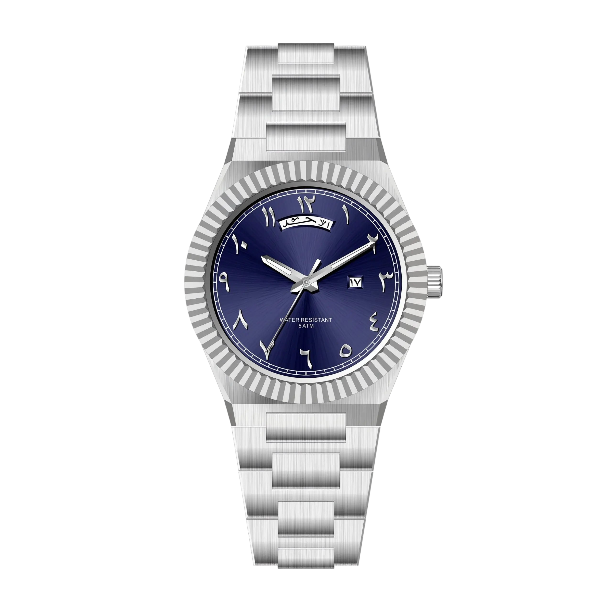 NAZAR Silver – Men’s premium steel watch featuring a blue Arabic numeral dial, day-date window, and classic fluted bezel.