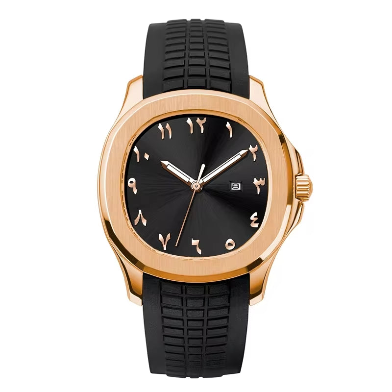 NOURVIC Rose Gold & Black – Men’s premium watch featuring a black Arabic numeral dial and textured sports strap.