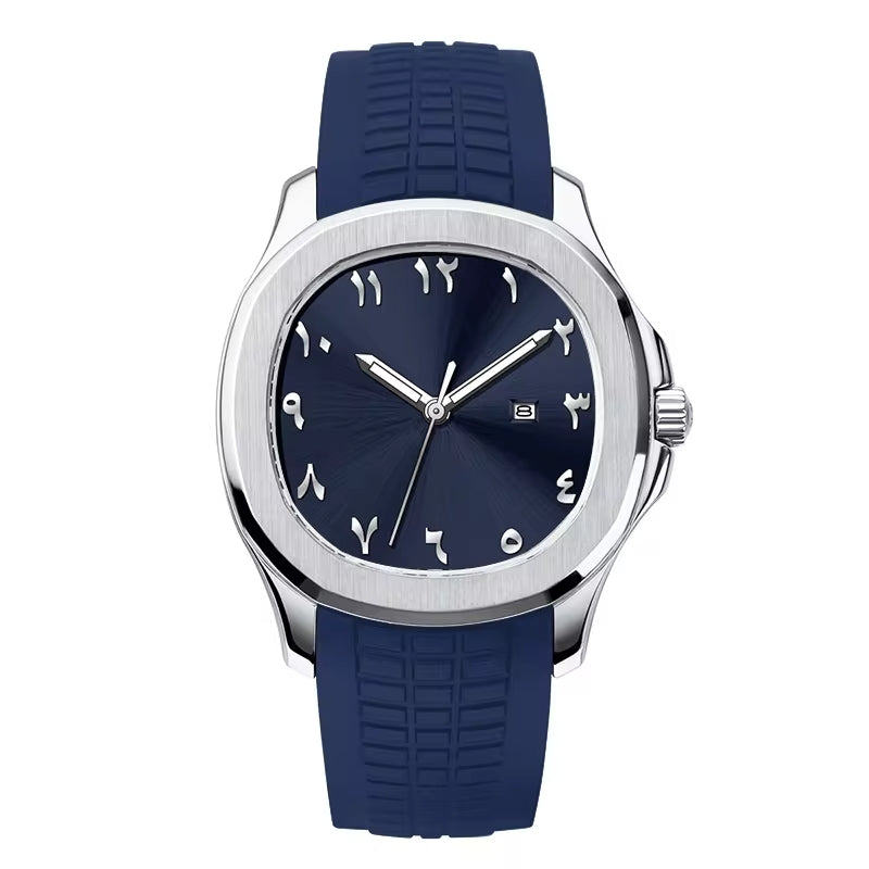 NOURVIC Silver & Blue – Men’s premium steel watch featuring a blue Arabic numeral dial and textured sports strap.