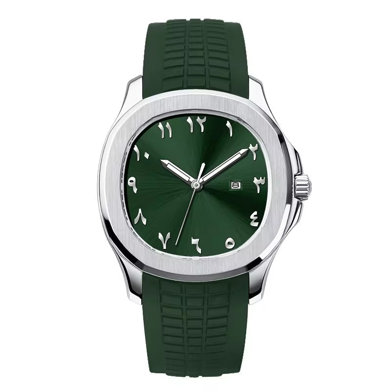 NOURVIC Silver & Green – Men’s premium steel watch featuring a green Arabic numeral dial and textured sports strap.