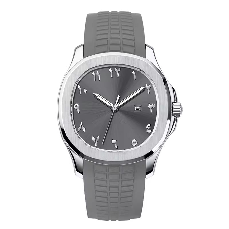 NOURVIC Silver & Grey – Men’s premium steel watch featuring a grey Arabic numeral dial and textured sports strap.