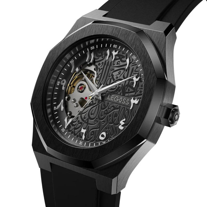 Men’s Arabic dial automatic watch black case angled view