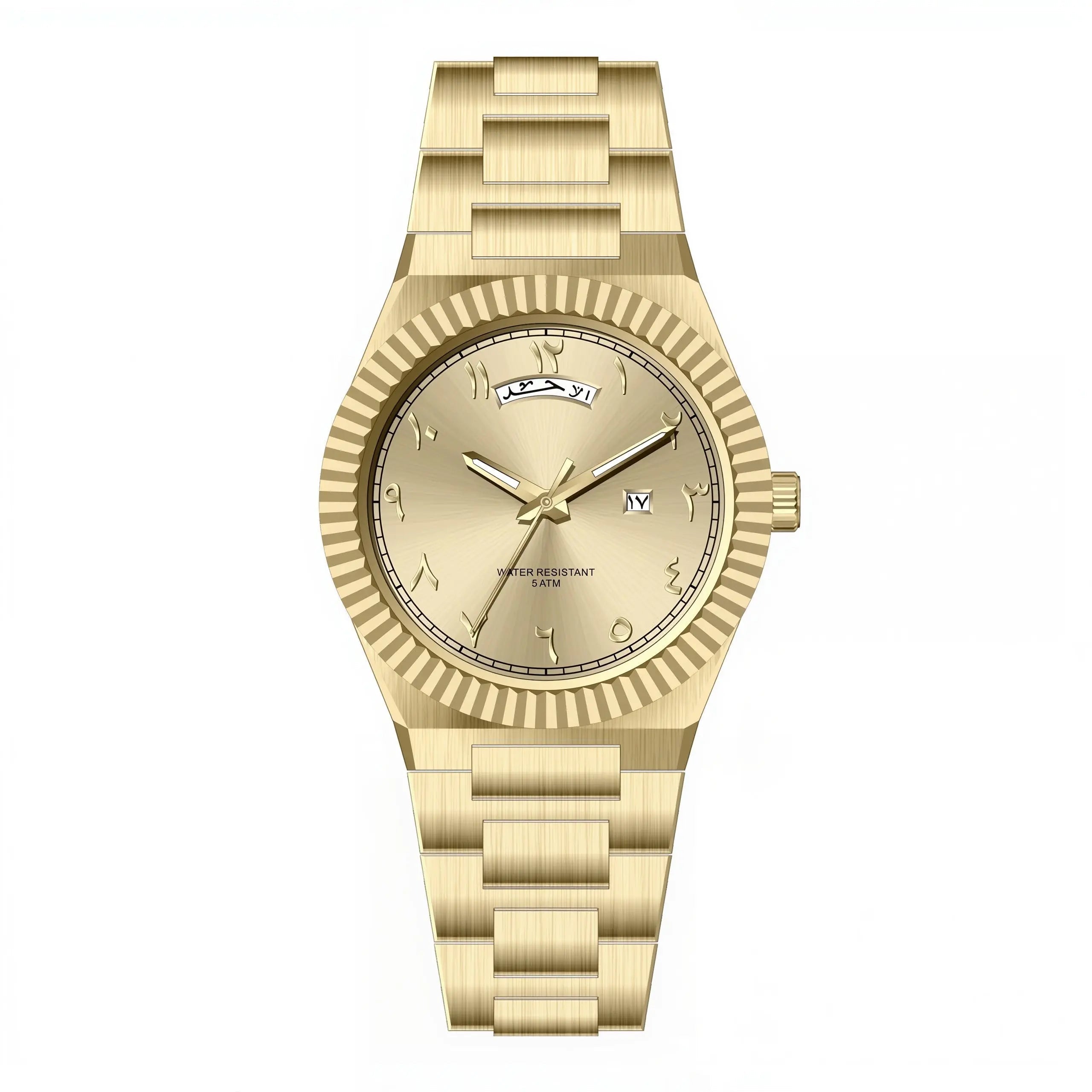 NAZAR Gold – Men’s premium steel watch featuring a champagne Arabic numeral dial, day-date window, and classic fluted bezel.