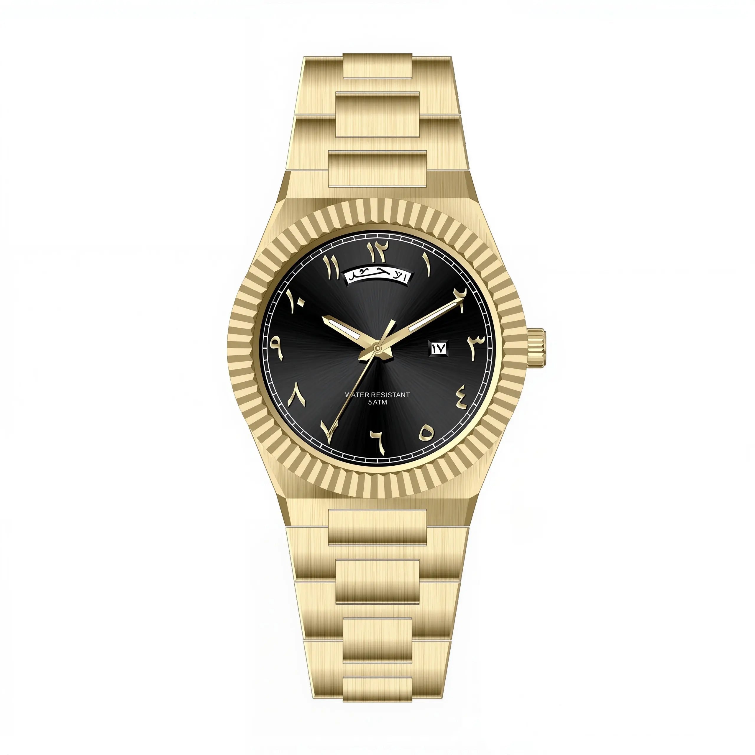 NAZAR Gold & Black – Men’s premium steel watch featuring a black Arabic numeral dial, day-date window, and classic fluted bezel.