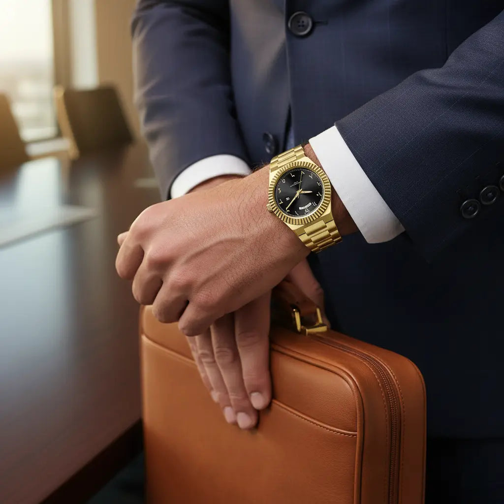 NAZAR Gold & Black – Men’s premium steel watch featuring a black Arabic numeral dial, day-date window, and classic fluted bezel.