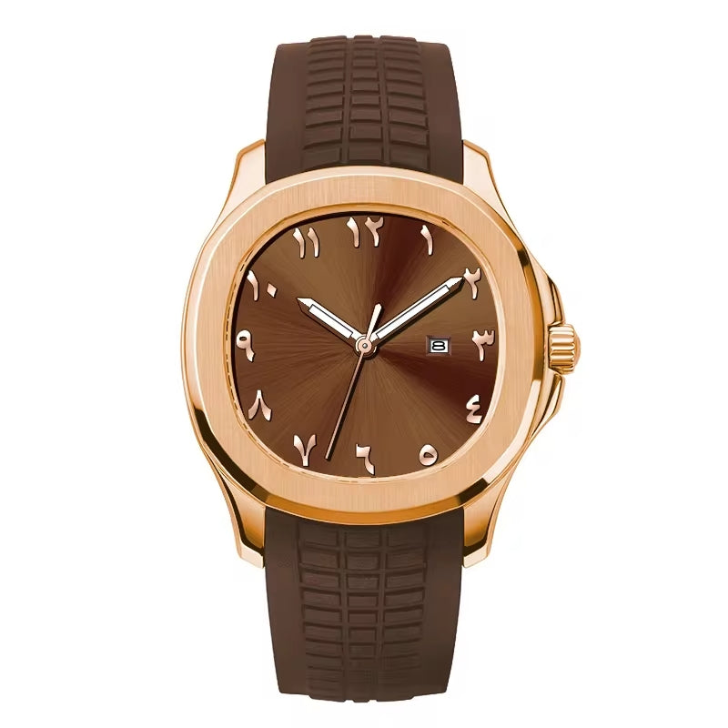 NOURVIC Rose Gold & Brown – Men’s premium watch featuring a brown Arabic numeral dial and textured sports strap.