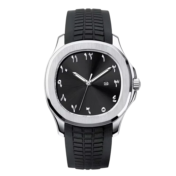 NOURVIC Silver & Black – Men’s premium steel watch featuring a black Arabic numeral dial and textured sports strap.