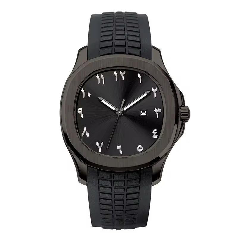 NOURVIC Stealth Black – Men’s premium dark steel watch featuring a black Arabic numeral dial and textured sports strap.